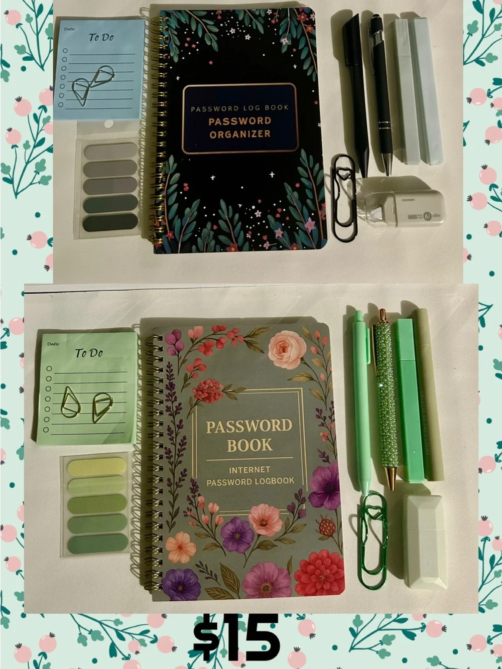 Floral Password Book Set with Green Pens & Tabs